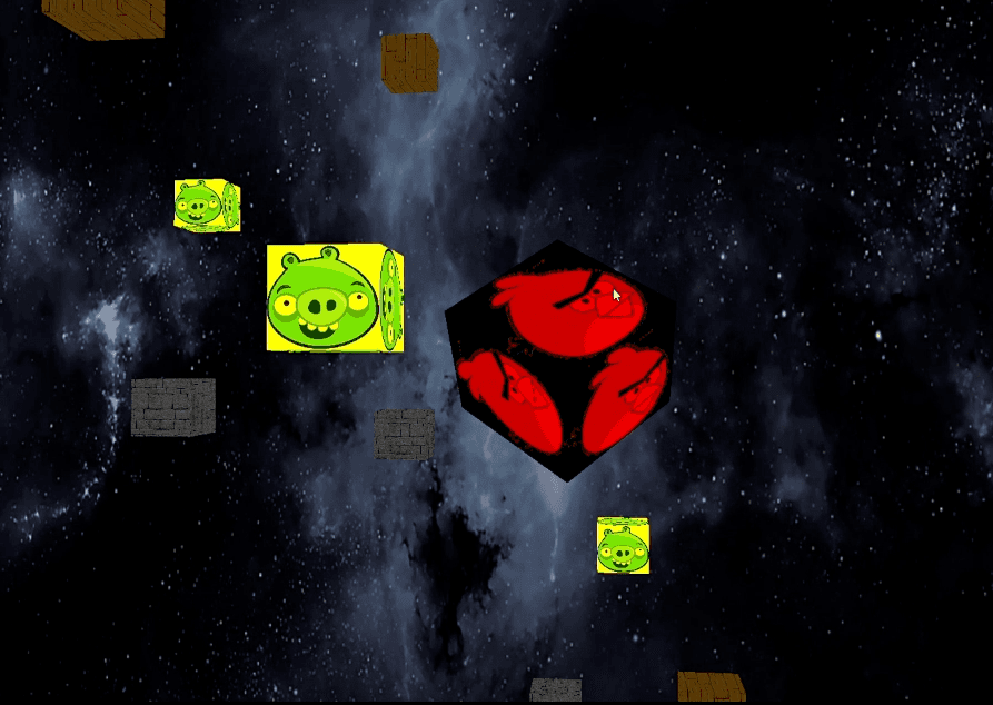 3D Angry Bird Space project screenshot showing a bird-shaped model in a block-based scene.