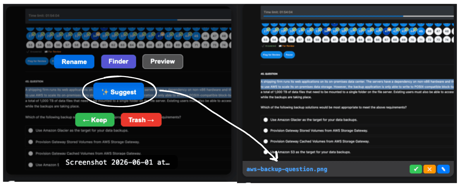 Screenshot Declutterer before-and-after visual showing a filename suggestion turning a timestamped screenshot into a descriptive name.